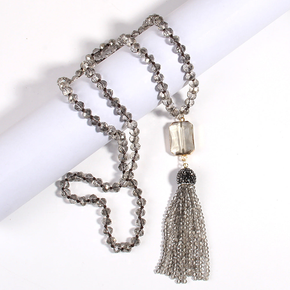 Crystal Glass Necklace Square Glass With Glass Tassel Necklace Sweater Chain Weloria