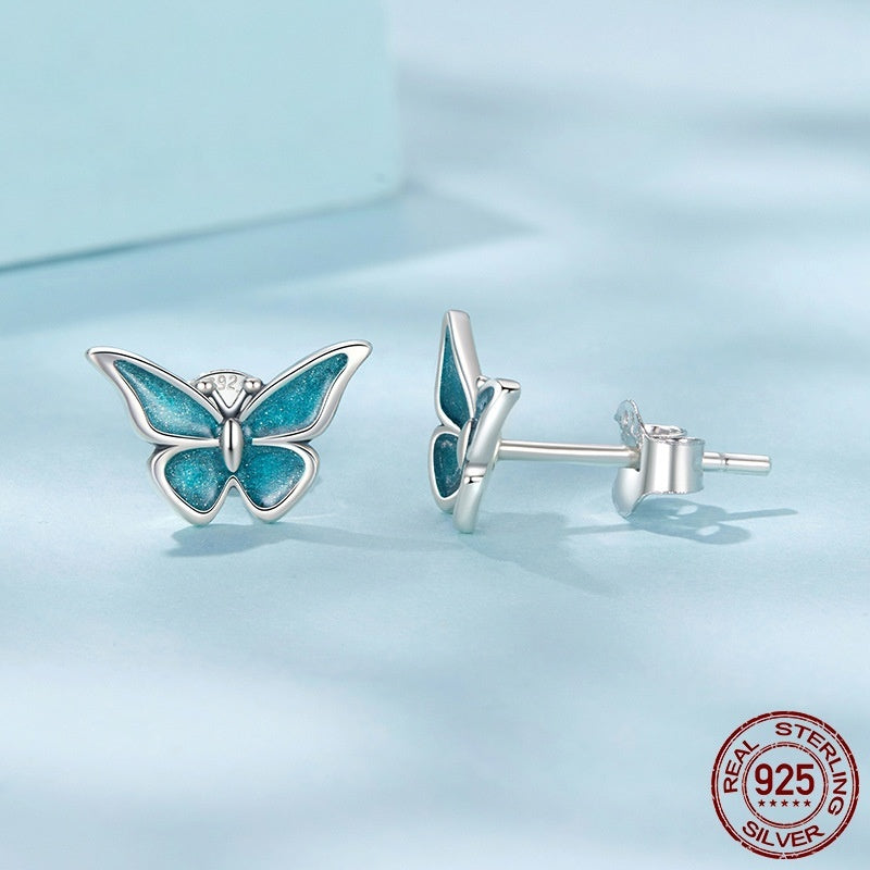 S925 Sterling Silver Blue Butterfly Small Ear Studs Weloria
