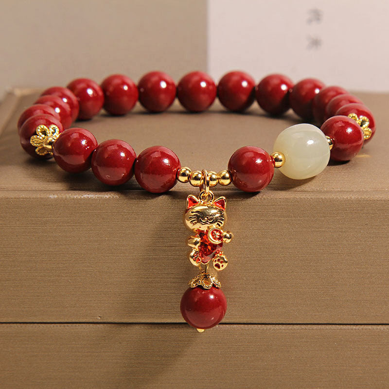 Cinnabar Beaded Lucky Cat Pendant Bracelet Weloria