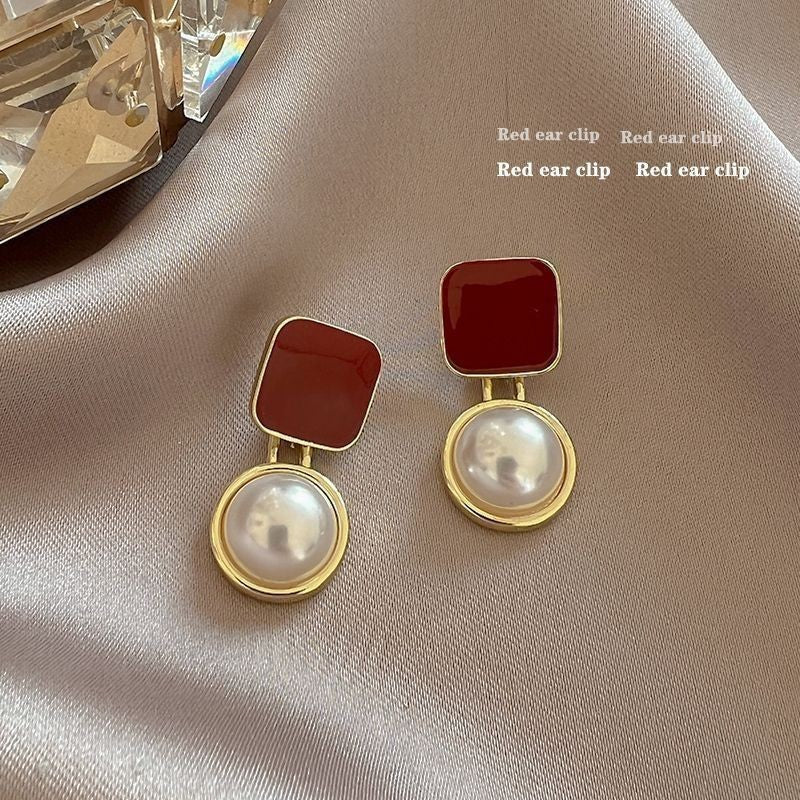 Red Blue Blocks Pearl Stud Earrings Ins French Simplicity Weloria