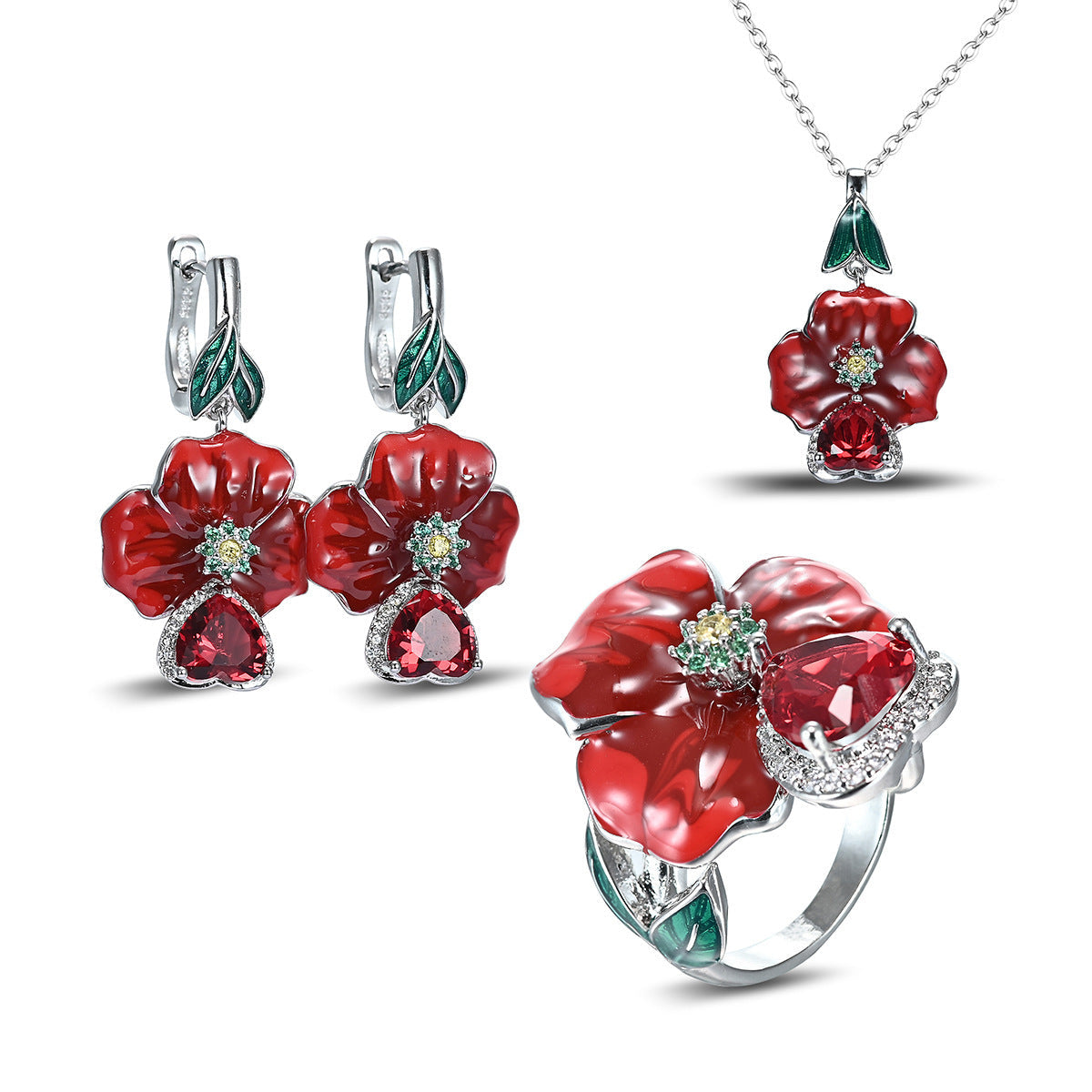 Love Heart-shaped Ring Enamel Epoxy Earrings Zircon Pendant Necklace Set Weloria