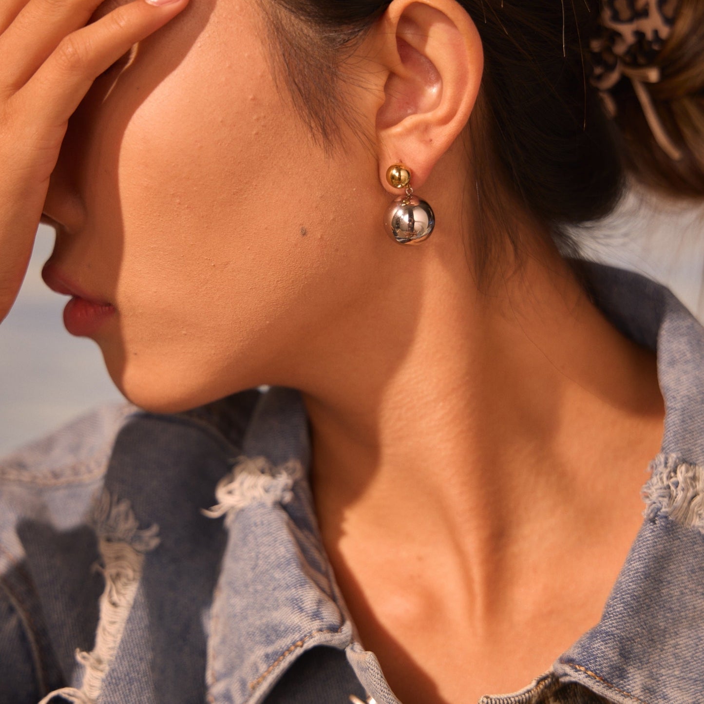 Round Beads Stainless Steel Color-block Ear Stud Weloria