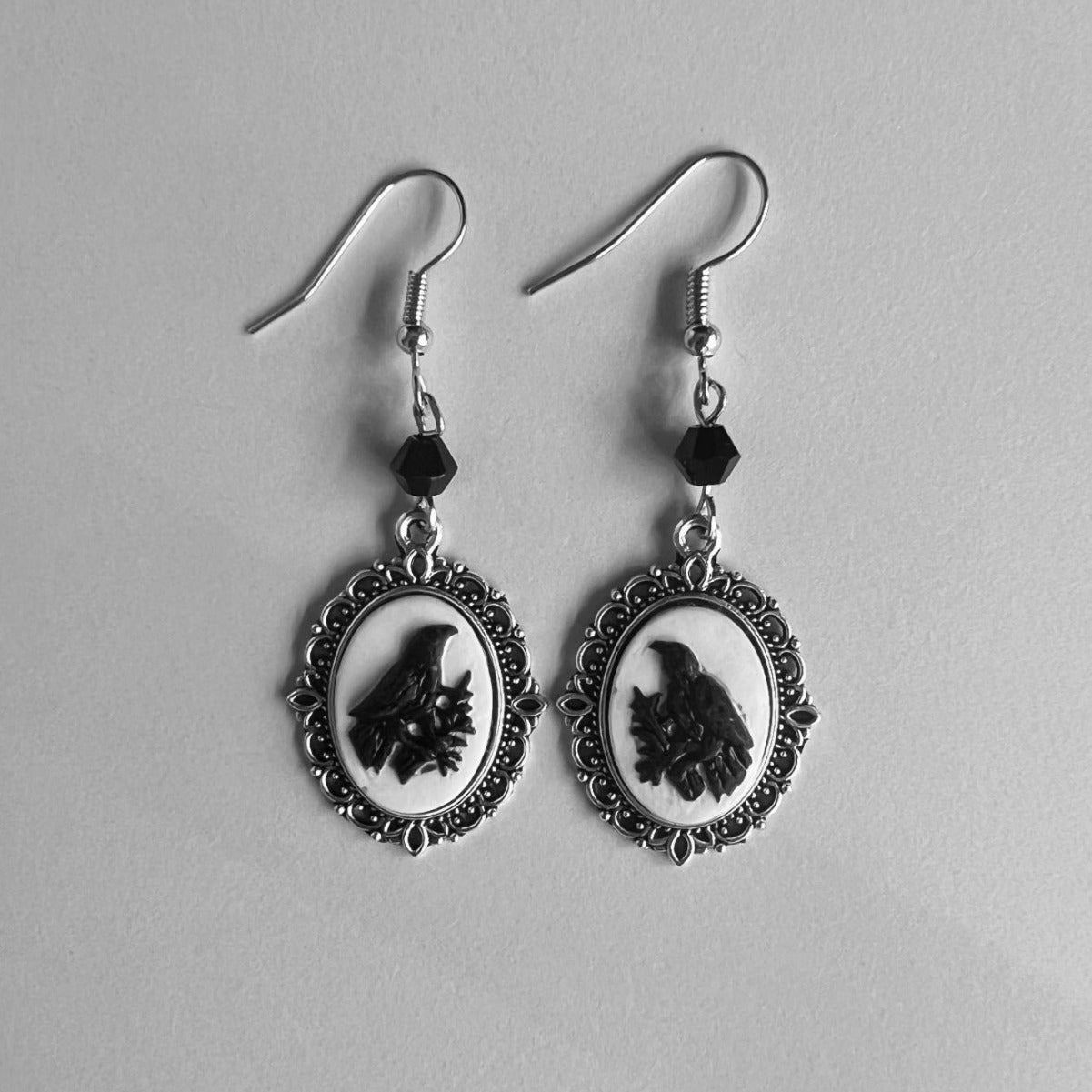 Gothic Black Cat Silver Frame Beads Earrings Weloria