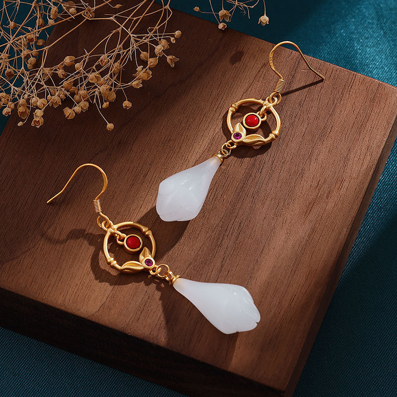 Design Silver Plated Retro Magnolia Long Earrings Weloria
