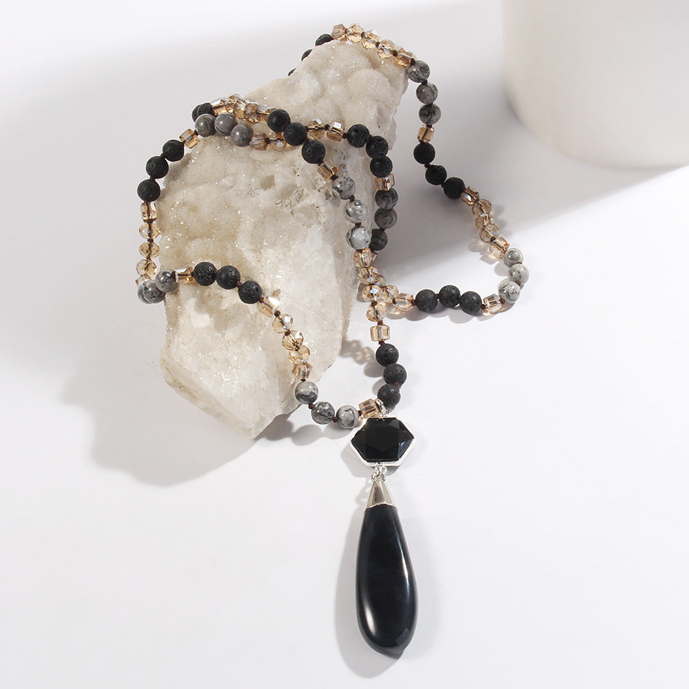 Natural Stone Glass Knotted Necklace Hexagonal Water Drop Stone Pendant Necklace Weloria