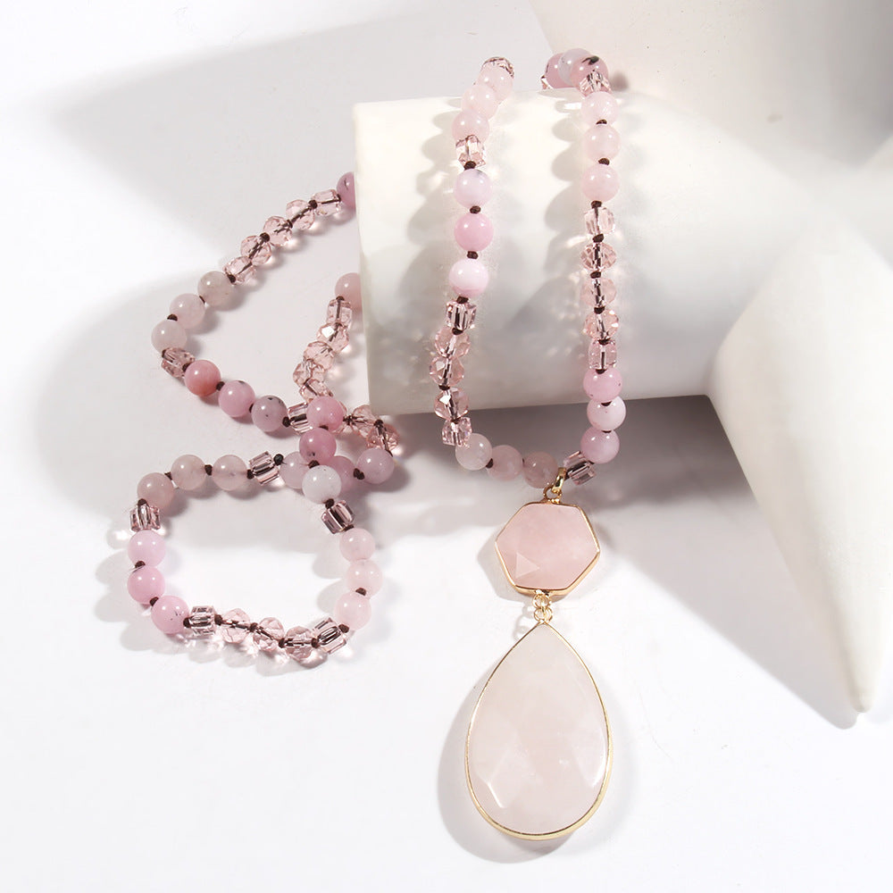 Natural Stone Glass Knotted Necklace Hexagonal Water Drop Stone Pendant Necklace Weloria