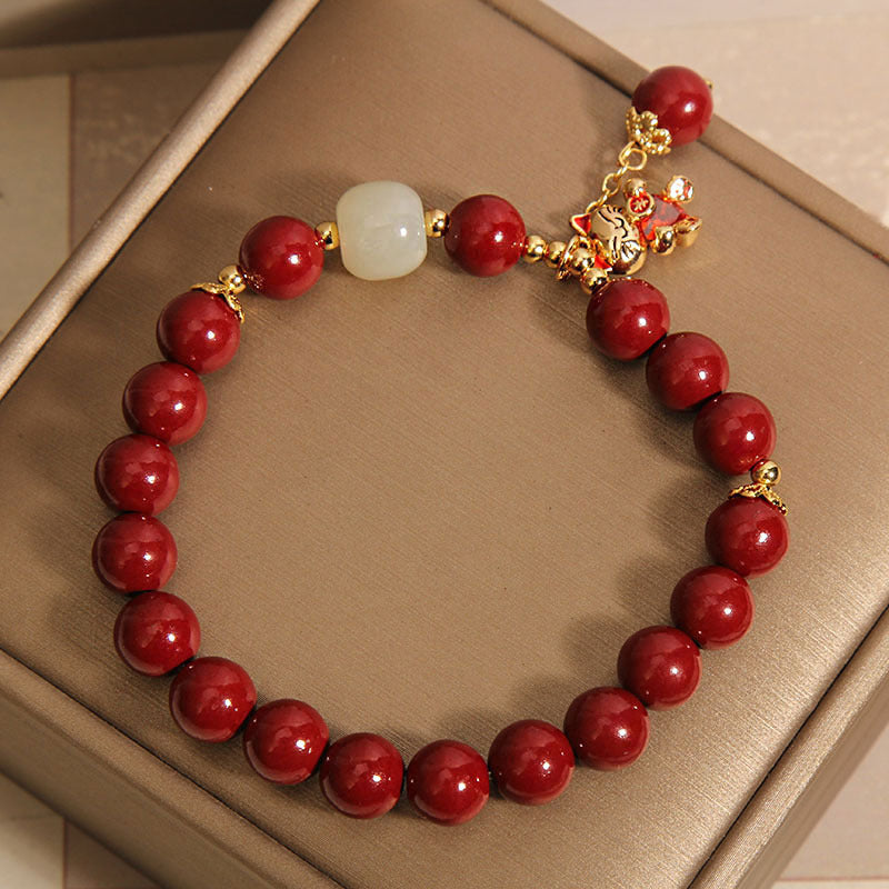 Cinnabar Beaded Lucky Cat Pendant Bracelet Weloria