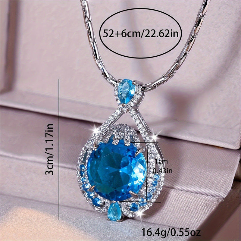 Simple Stylish Pendant Women's Bright Fireworks Cut Big Gram Blue Colored Gems Necklace Weloria