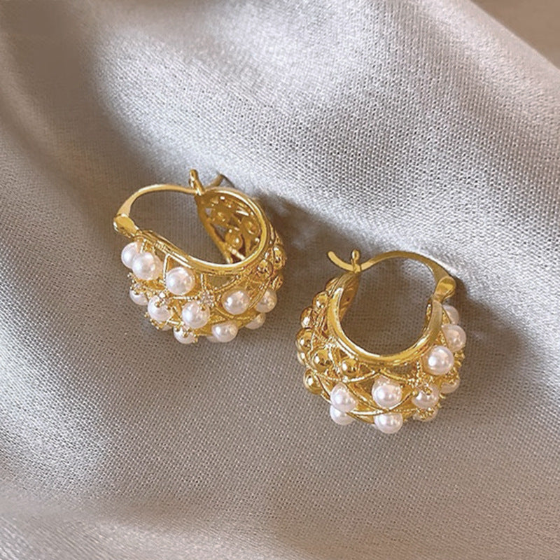 French Rhinestone Pearl Mesh Geometry Ear Clip Weloria