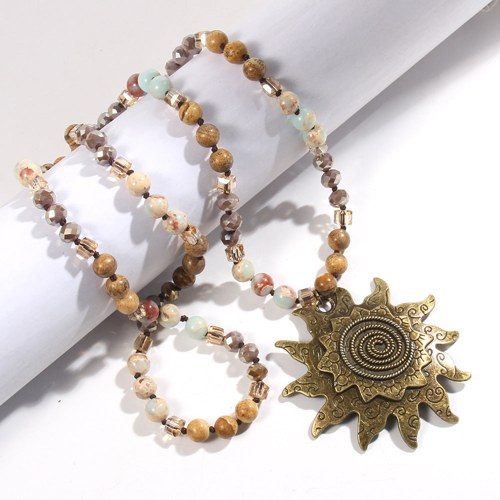 Glass Knotted Necklace Ancient Cyan Sun Pendant Necklace Sweater Chain Weloria
