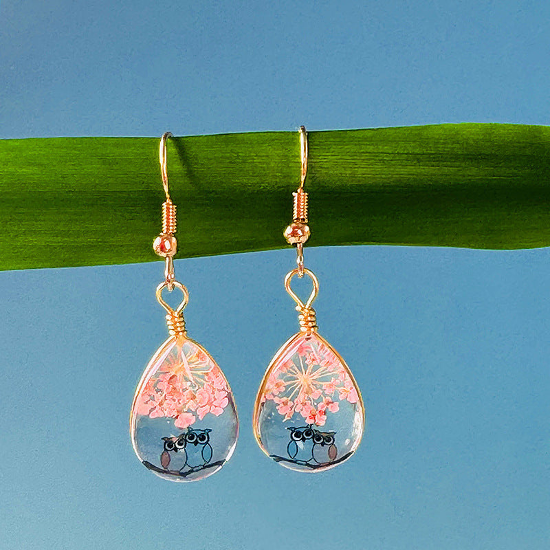 Water Drop-shaped Glass Eardrops Bird Language And Flower Fragrance Owl Weloria