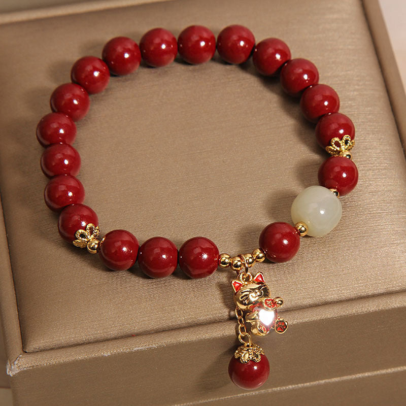 Cinnabar Beaded Lucky Cat Pendant Bracelet Weloria