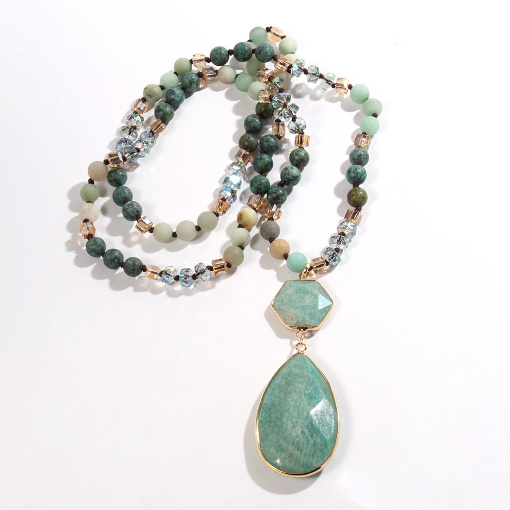 Natural Stone Glass Knotted Necklace Hexagonal Water Drop Stone Pendant Necklace Weloria