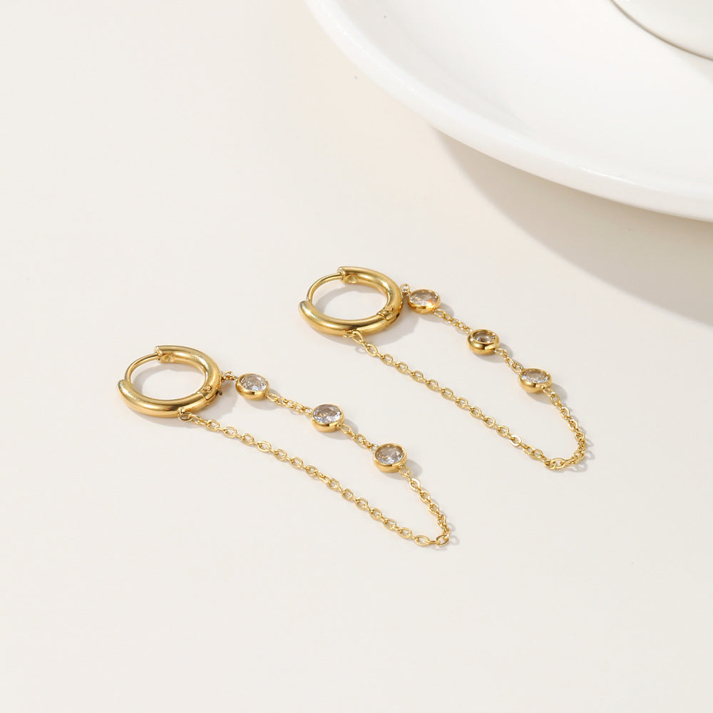 Internet Hot Chain Zircon Tassel Titanium Steel Earrings Weloria