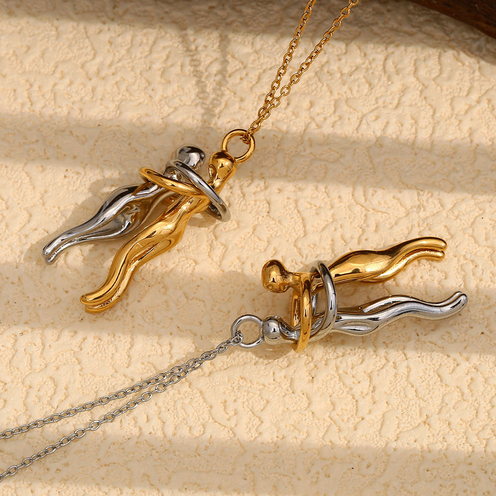 Stainless Steel 18K Gold Plating Lovers Hug Two-tone Necklace Weloria