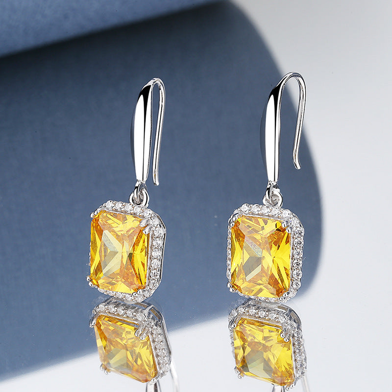 S925 Sterling Silver Princess Square Yellow Diamond Necklace Earrings Weloria