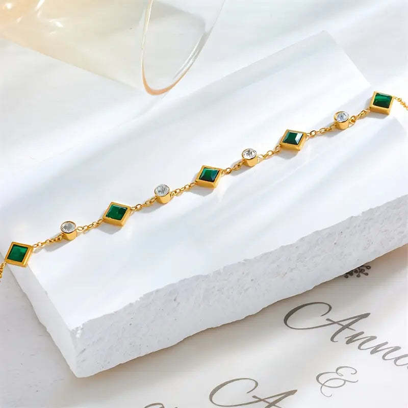 Fashion Gold-plated Titanium Steel Square Emerald Inlaid Rhinestone Bracelet Weloria