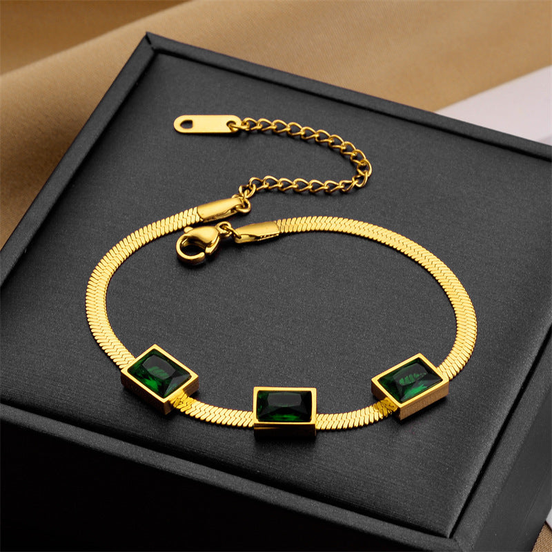 Simple Square Green Zircon Titanium Steel Necklace And Bracelet Suit Combination Weloria