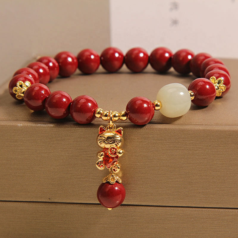 Cinnabar Beaded Lucky Cat Pendant Bracelet Weloria