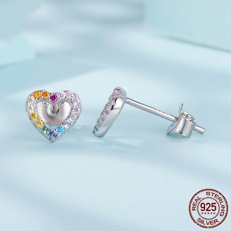 S925 Sterling Silver Colorful Heart-shaped Zircon Stud Earrings Weloria
