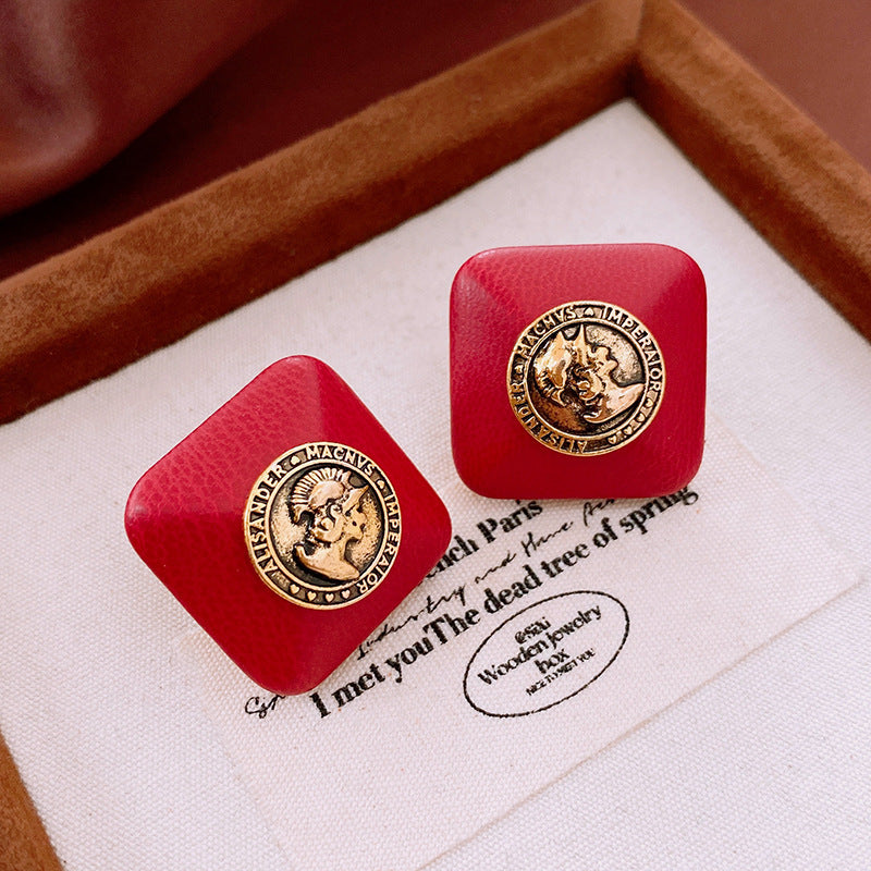 Silver Needle Diamond-shaped Faux Leather Portrait Earrings Weloria