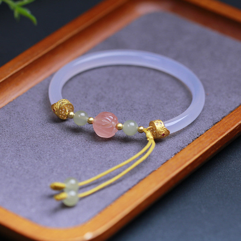 Natural White Agate Half Bracelet With South Red Lotus Beads Accessories S925 Silver Weloria