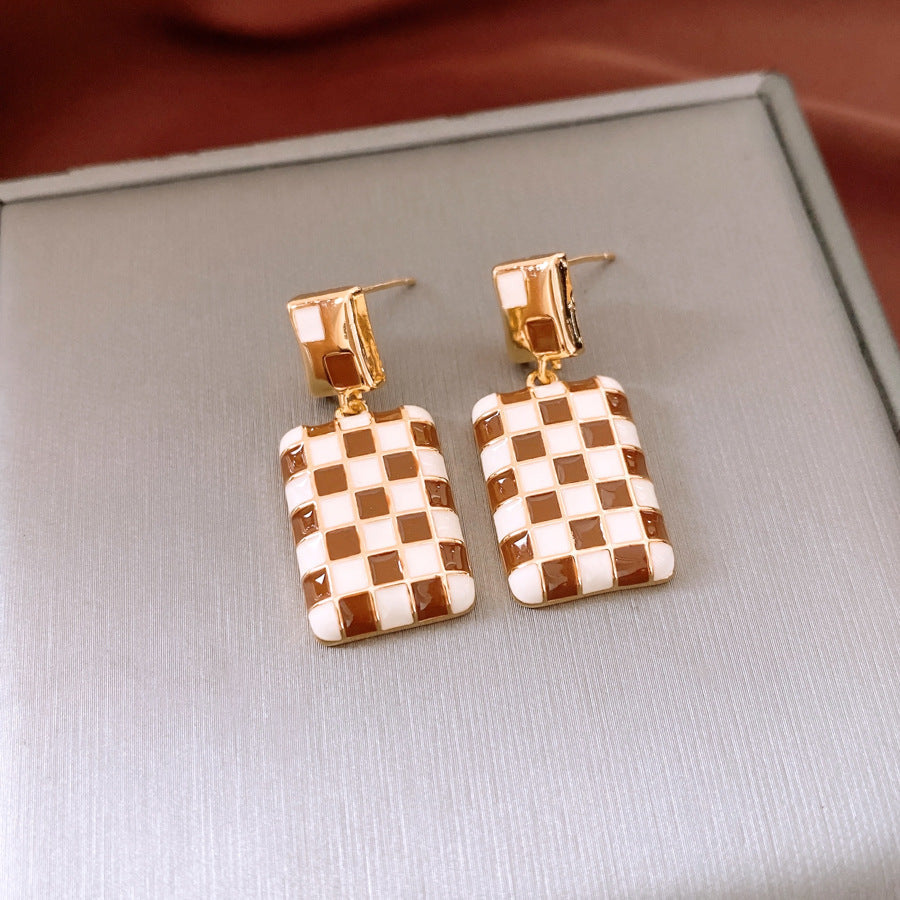Real Gold Electroplated Silver Needle Oil-drop Rectangular Earrings Weloria