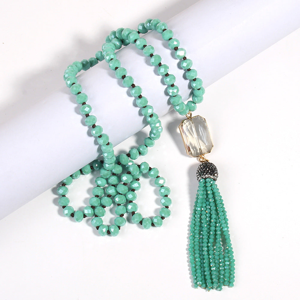 Crystal Glass Necklace Square Glass With Glass Tassel Necklace Sweater Chain Weloria