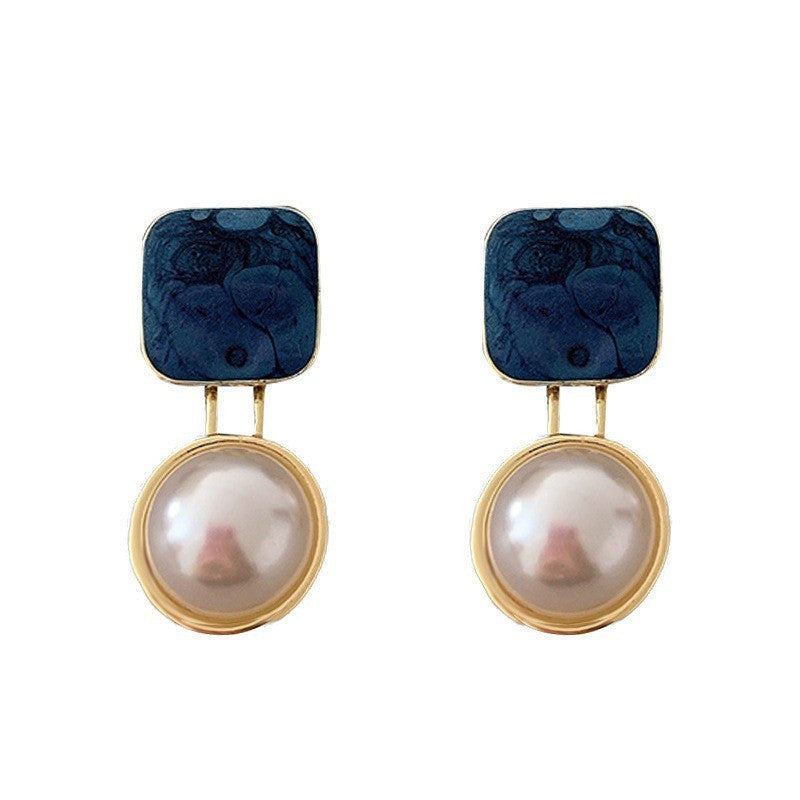 Red Blue Blocks Pearl Stud Earrings Ins French Simplicity Weloria