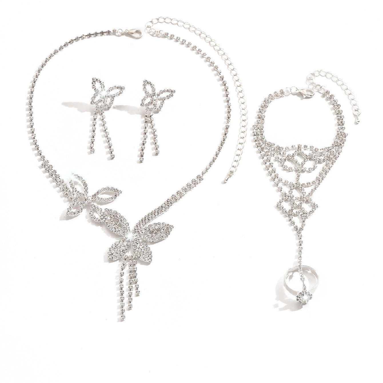 Butterfly Tassel Rhinestone Necklace Earring Bracelet 3 Pieces Suit Weloria