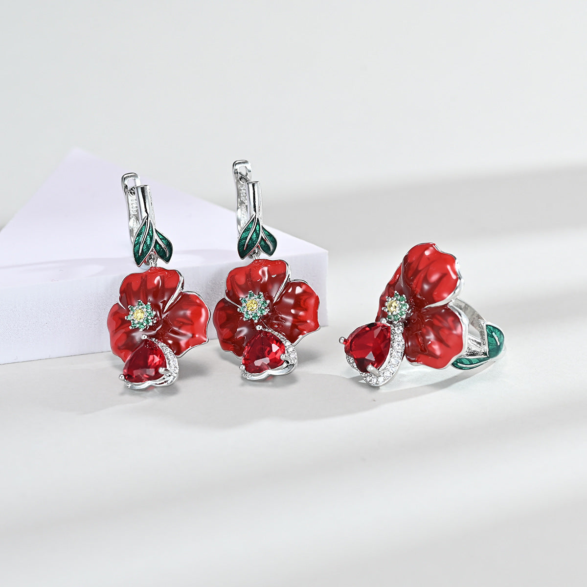 Love Heart-shaped Ring Enamel Epoxy Earrings Zircon Pendant Necklace Set Weloria