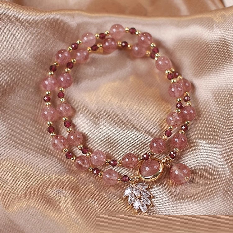 New Double Circle Strawberry Quartz Bracelet Women Weloria