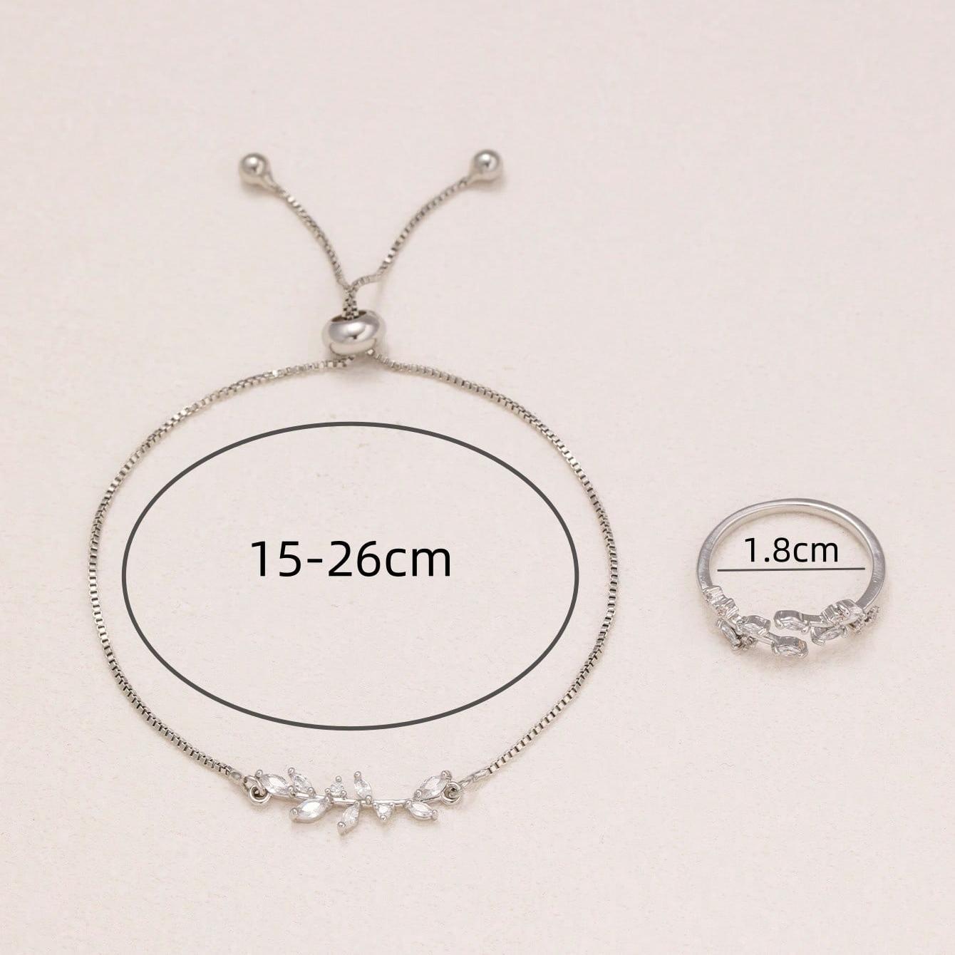 2pcs Fashion Silver Horse Eye Crystal Zircon Leaf Bracelet And Ring,Pulling Bracelet Suitable For Women's Daily Holiday Outfits Weloria