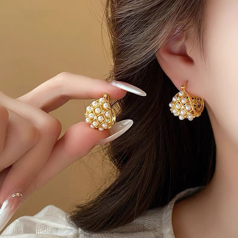 French Rhinestone Pearl Mesh Geometry Ear Clip Weloria