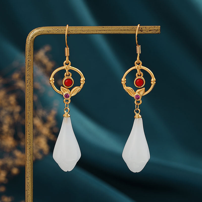 Design Silver Plated Retro Magnolia Long Earrings Weloria
