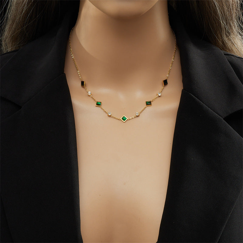 Stainless Steel Cube Emerald Zircon Personality Simple Niche Does Not Fade Necklace Weloria