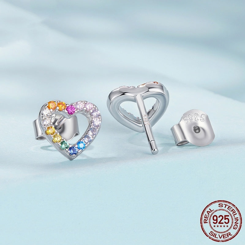 S925 Sterling Silver Colorful Heart-shaped Zircon Stud Earrings Weloria