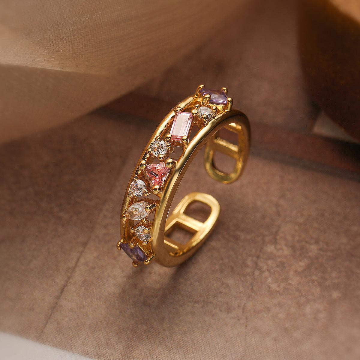 European And American Special Interest Light Luxury Copper Plating 18K Gold Zircon Pearl Geometric Adjustable Ring For Women Weloria