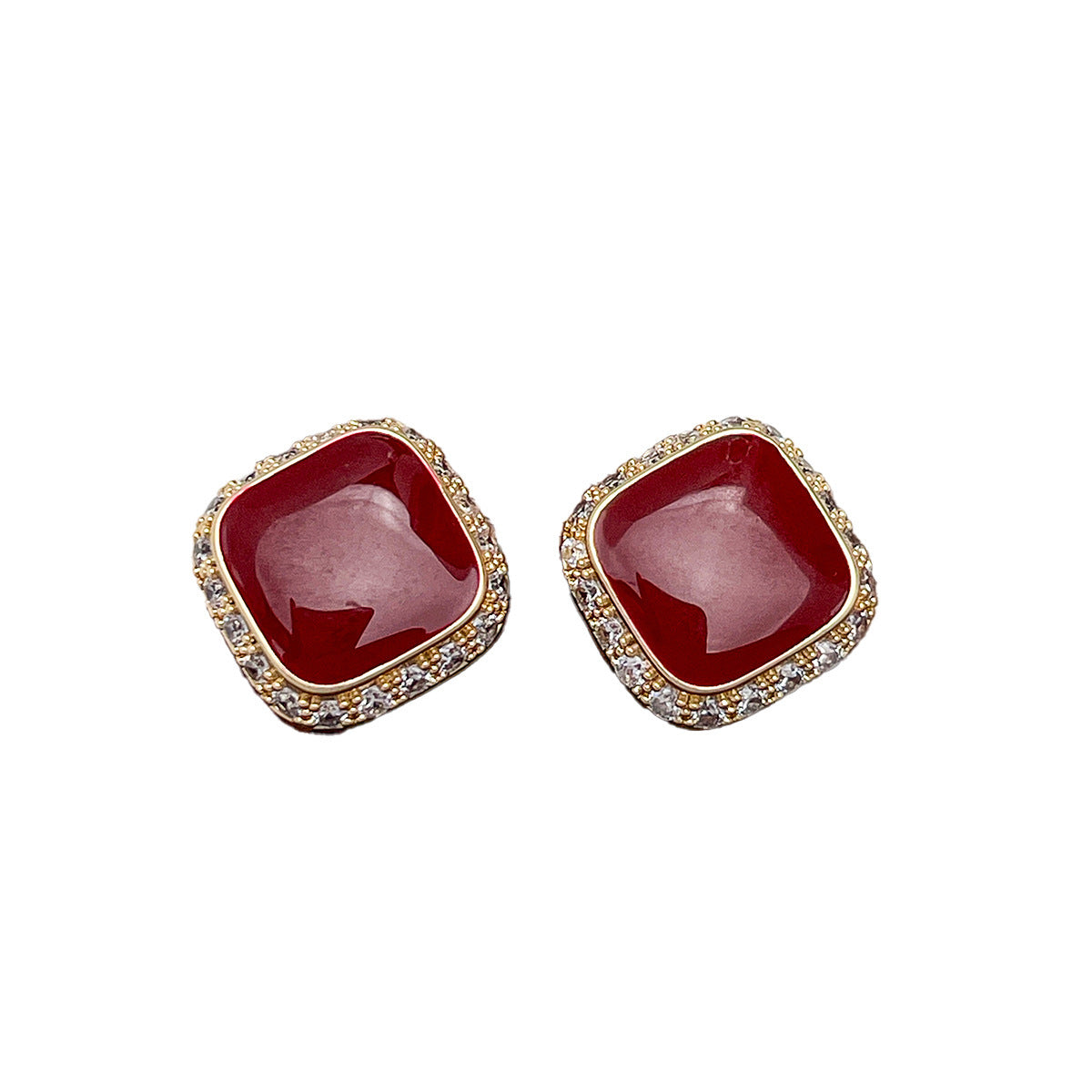 Retro Red Plate Temperament Inlaid Square Simple And Stylish Earrings Weloria