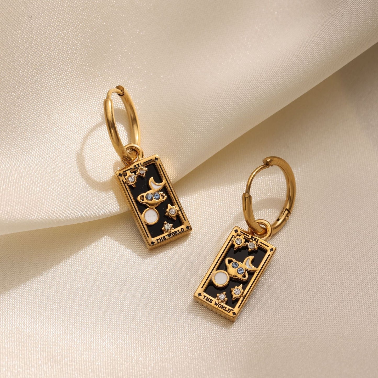 Tarot Stainless Steel Rectangular Drop Zircon Earrings European And American Retro Weloria