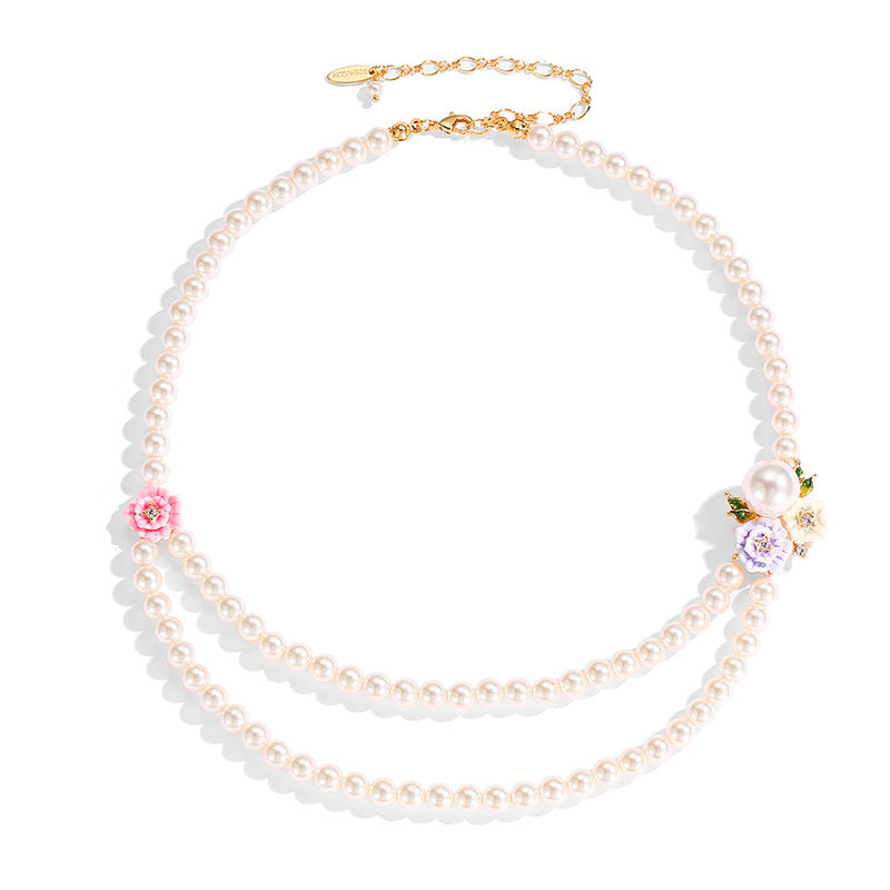 Enamel Glaze Diamond Three-color Rose Flower Double-layer Pearl Necklace Female Weloria