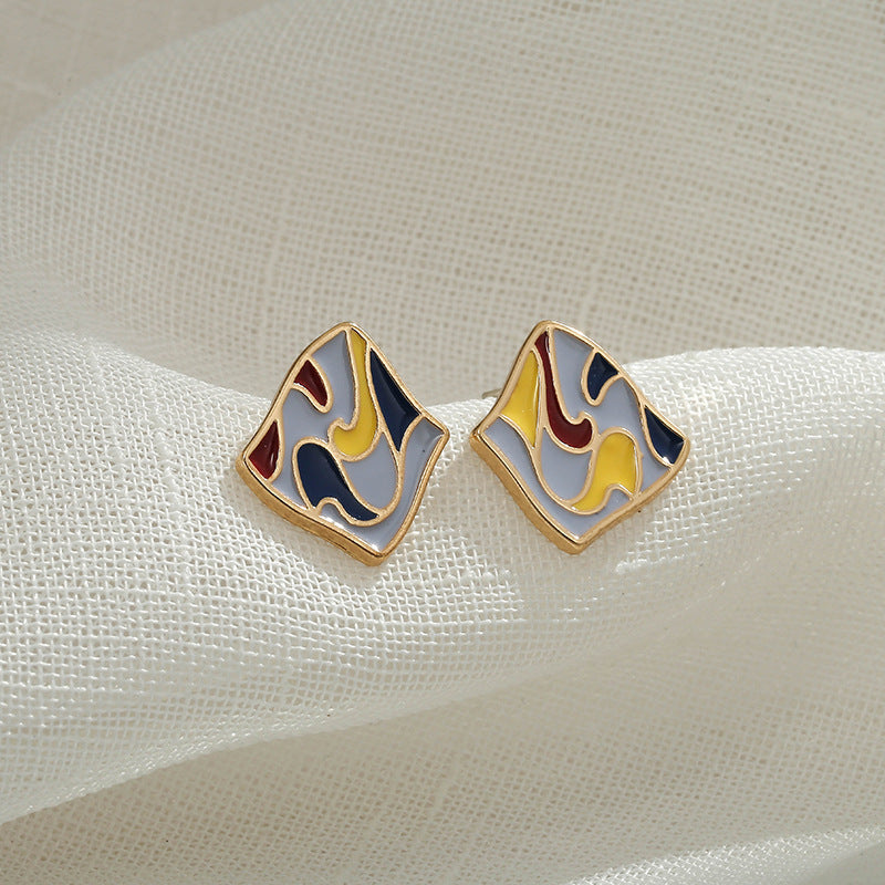 Artistic Vintage Court Style Sterling Silver Needle Stud Earrings Dripping Oil Painted Weloria