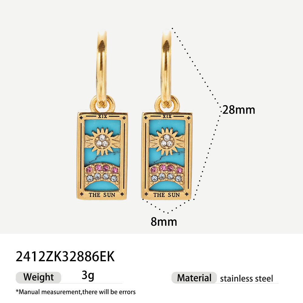 Tarot Stainless Steel Rectangular Drop Zircon Earrings European And American Retro Weloria