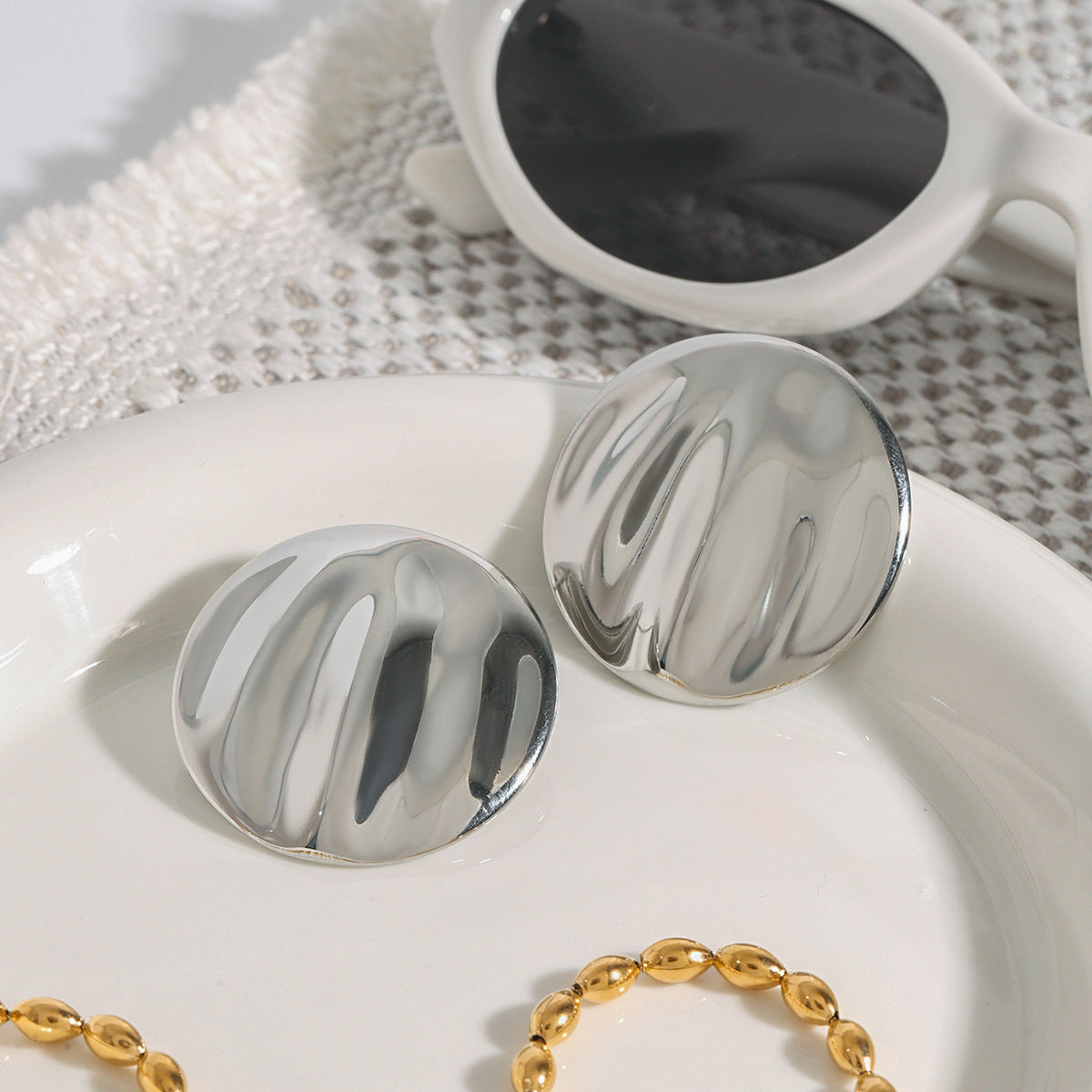 Stud Steel Color Stainless Steel Round Wave Earrings Weloria