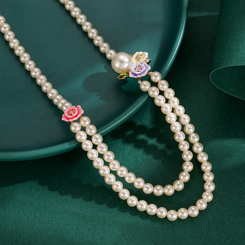 Enamel Glaze Diamond Three-color Rose Flower Double-layer Pearl Necklace Female Weloria