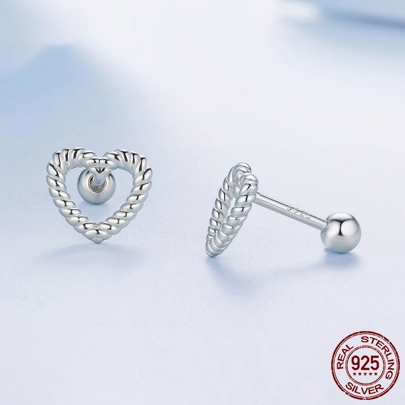 S925 Sterling Silver Hollow Twist Love Heart Stud Earrings Weloria