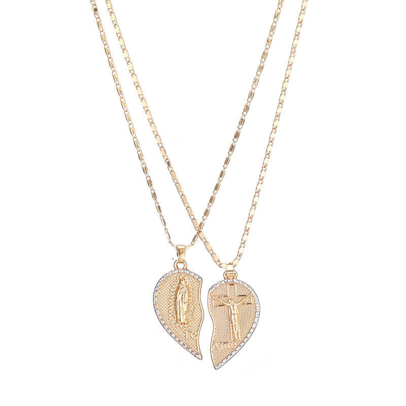 Real Gold Electroplated Jesus Pattern Two-half Love Pendant Twin Clavicle Chain Weloria