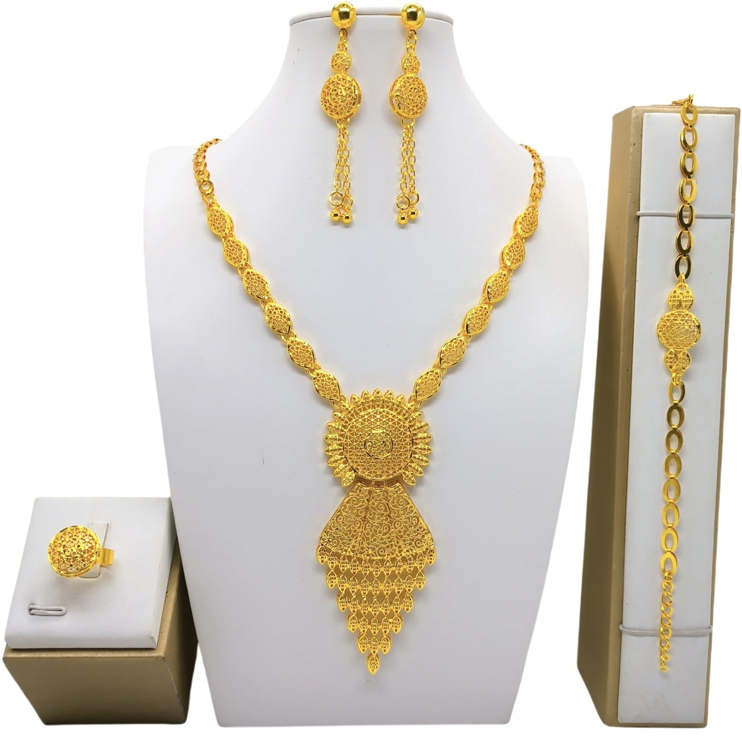 Saudi Arabia 24k Gold Accessories African Bridal Necklace Earring Ring Bracelet Suit Weloria