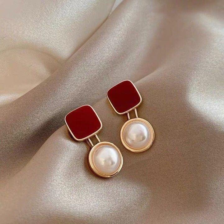 Red Blue Blocks Pearl Stud Earrings Ins French Simplicity Weloria