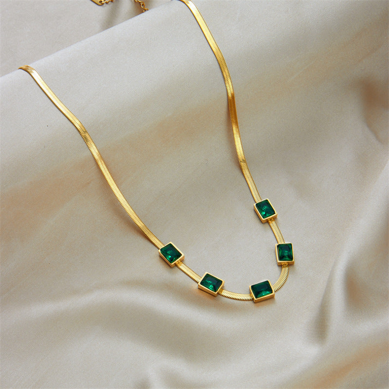 Simple Square Green Zircon Titanium Steel Necklace And Bracelet Suit Combination Weloria